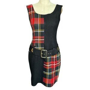 Vintage Nicole Miller Tartan Wool Belted Mini Dress Size:8